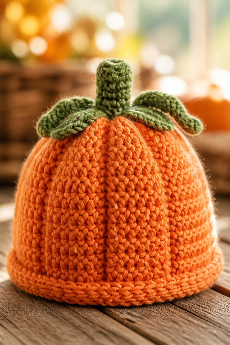 Adorable crochet pumpkin baby hat designed for fall season