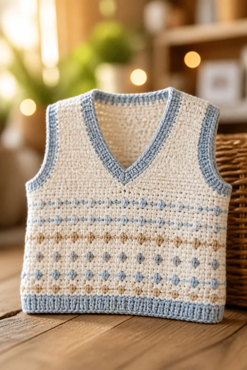 Classic V Neck Crochet Baby Sweater Vest handmade in soft yarn