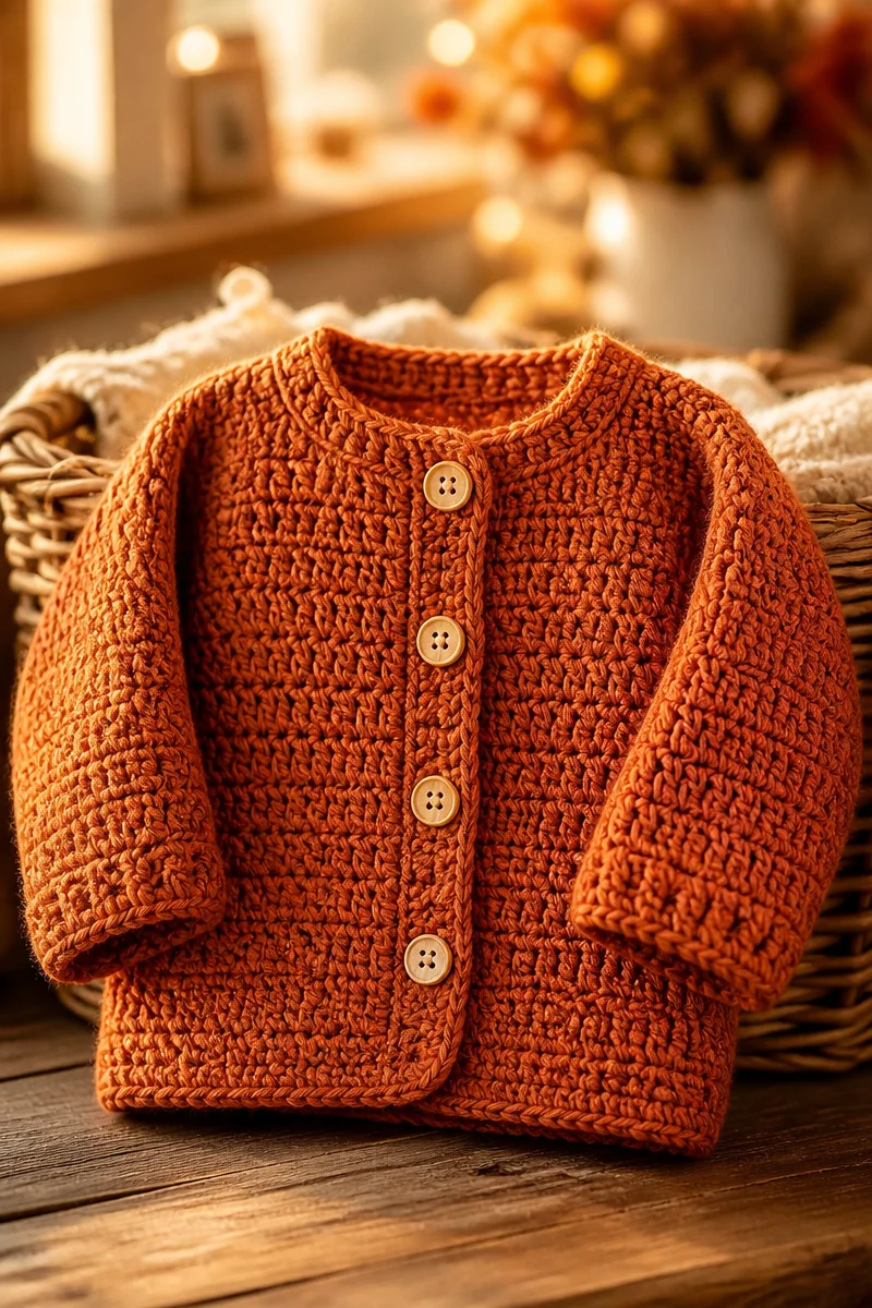 Crochet baby cardigan sweater tutorial steps shown with cozy yarn.