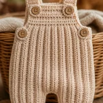 Cozy ribbed crochet baby overalls pattern displayed on a cute baby.