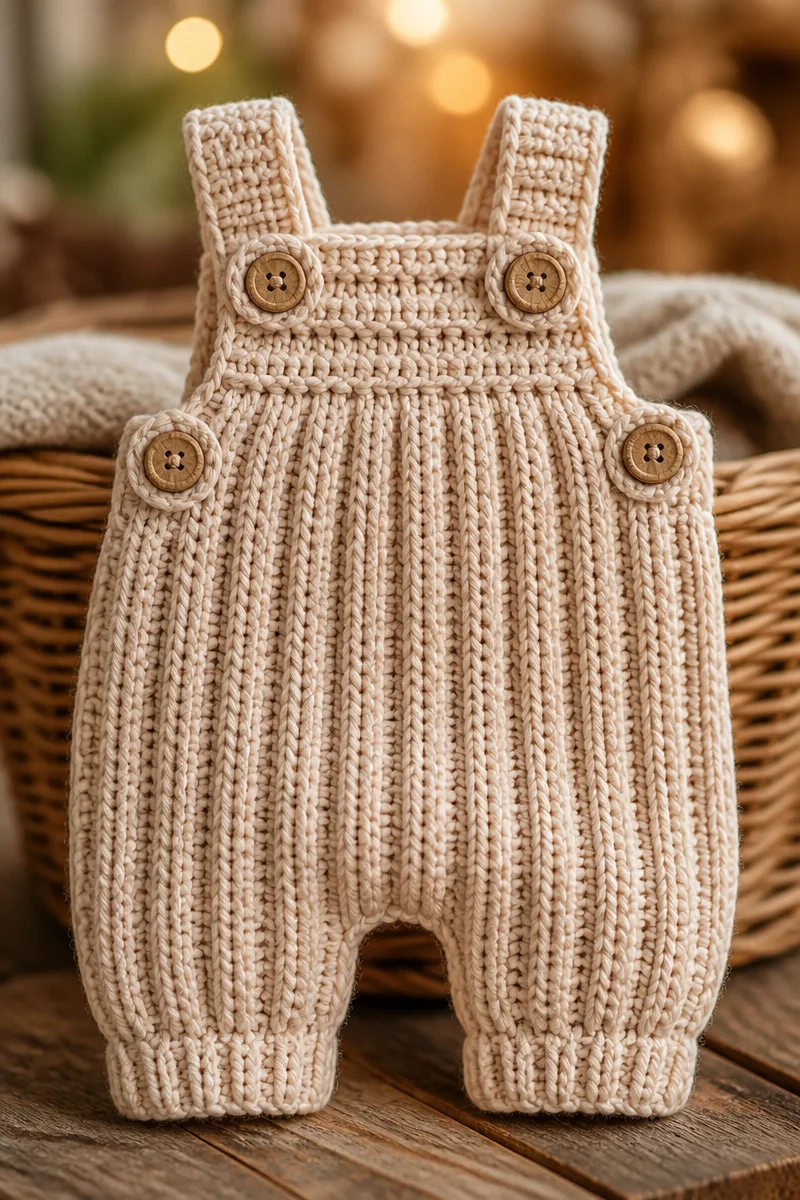 Cozy ribbed crochet baby overalls pattern displayed on a cute baby.