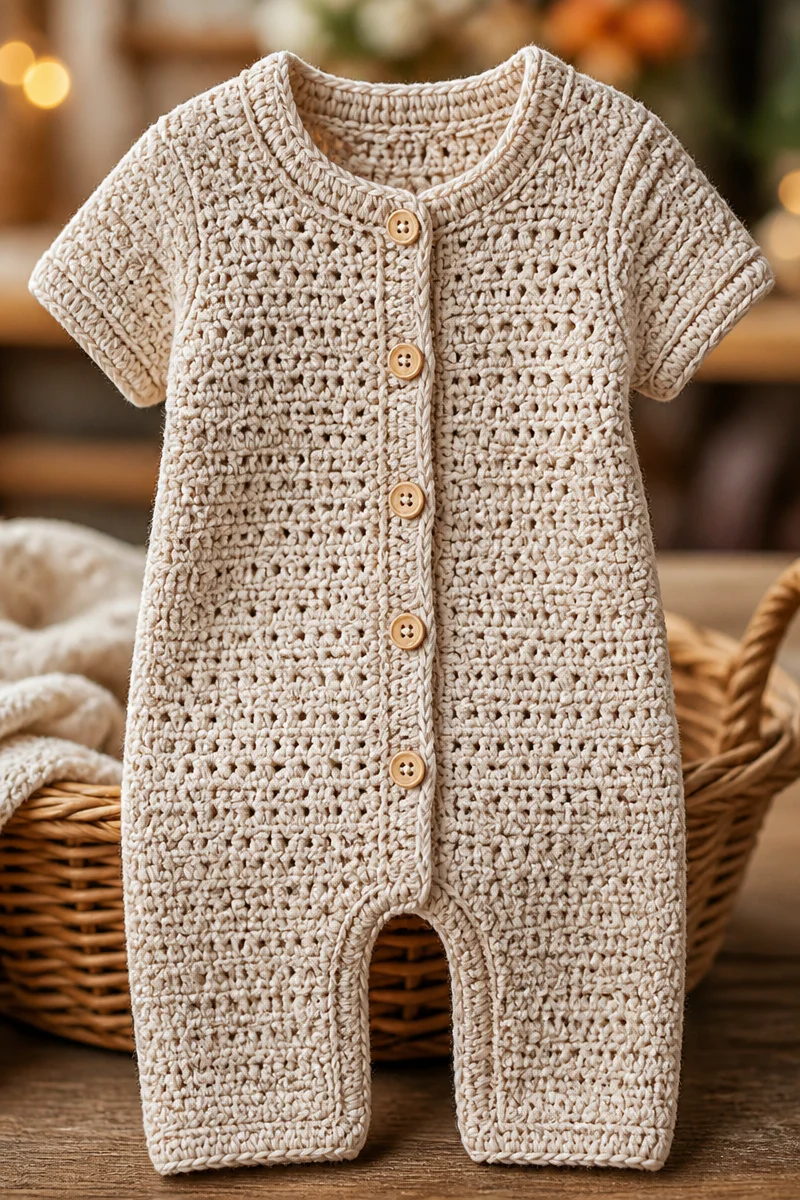 Cute button-up crochet baby romper handmade with a free pattern