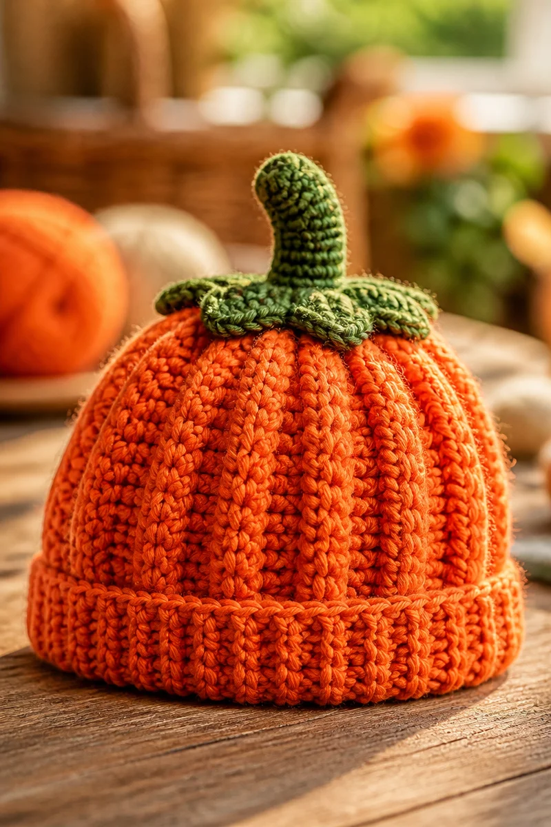Crochet baby pumpkin beanie for newborns pattern in vibrant orange