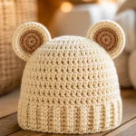 Cute crochet bear ear baby beanie hat pattern with adorable bear ears