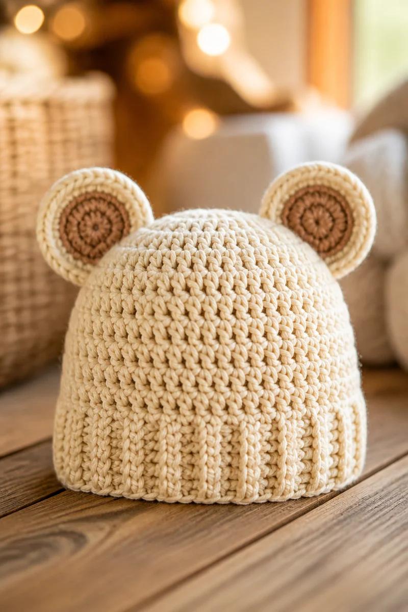 Cute crochet bear ear baby beanie hat pattern with adorable bear ears