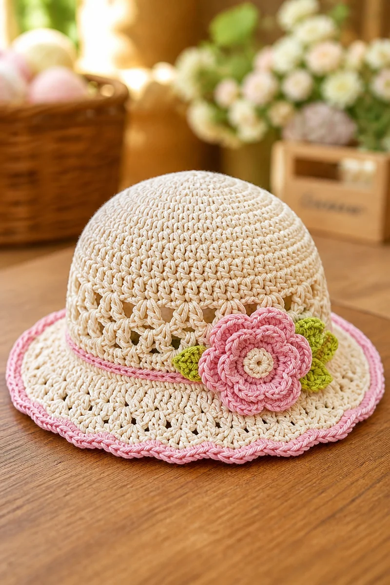 Crochet baby hat pattern for summer sun hat in cotton yarn.