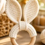 DIY wooden ring crochet baby bunny ear teether for infants and toddlers.