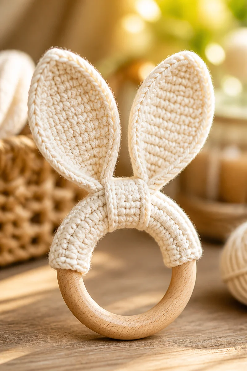 DIY wooden ring crochet baby bunny ear teether for infants and toddlers.