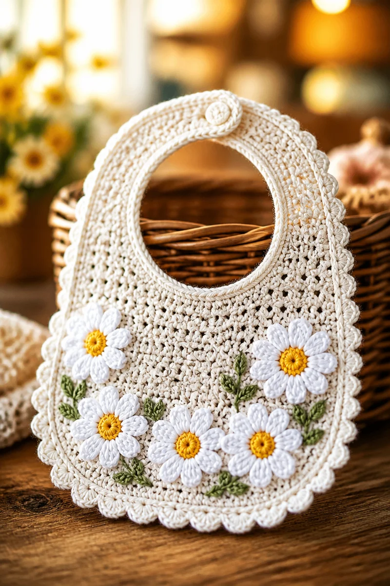 Easy daisy flower crochet baby bib pattern for infants