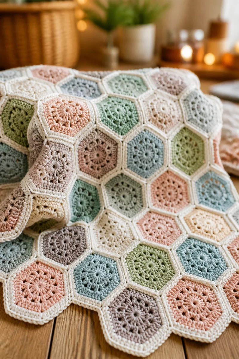 Modern hexagon granny square crochet baby blanket pattern for infants
