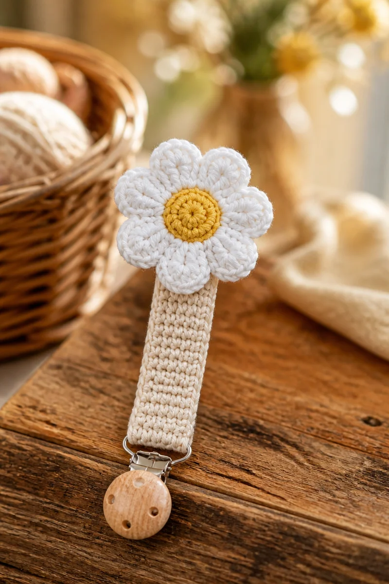 Daisy flower crochet baby pacifier clip pattern for infants