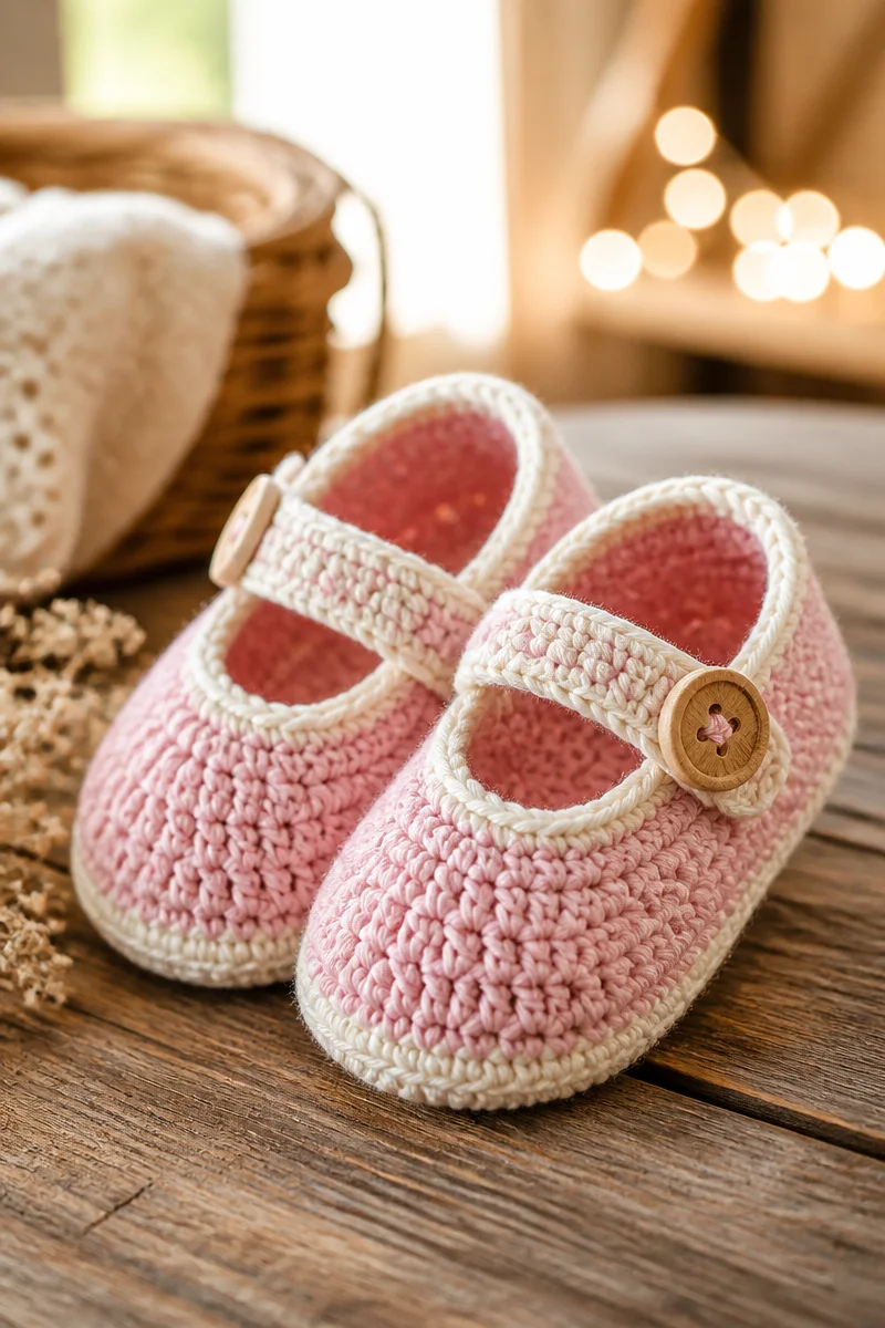 Handmade crochet baby Mary Jane shoes pattern featuring cute buttons.
