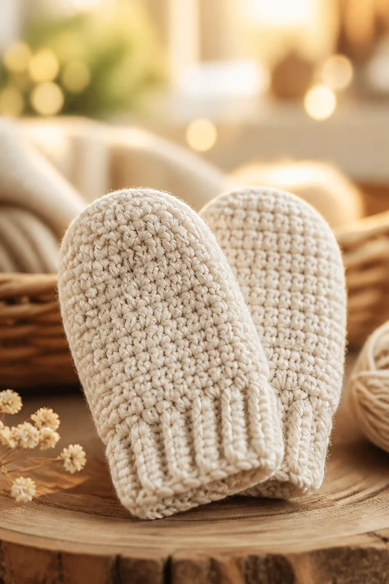 Crochet baby mittens made from soft cotton - perfect for keeping little hands warm.