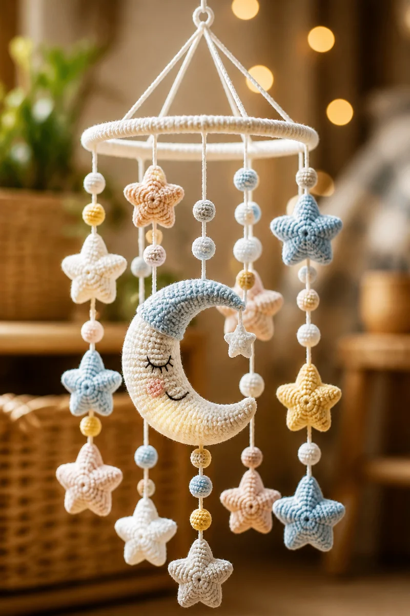 Crochet baby mobile featuring charming stars and moons pattern for nursery decor