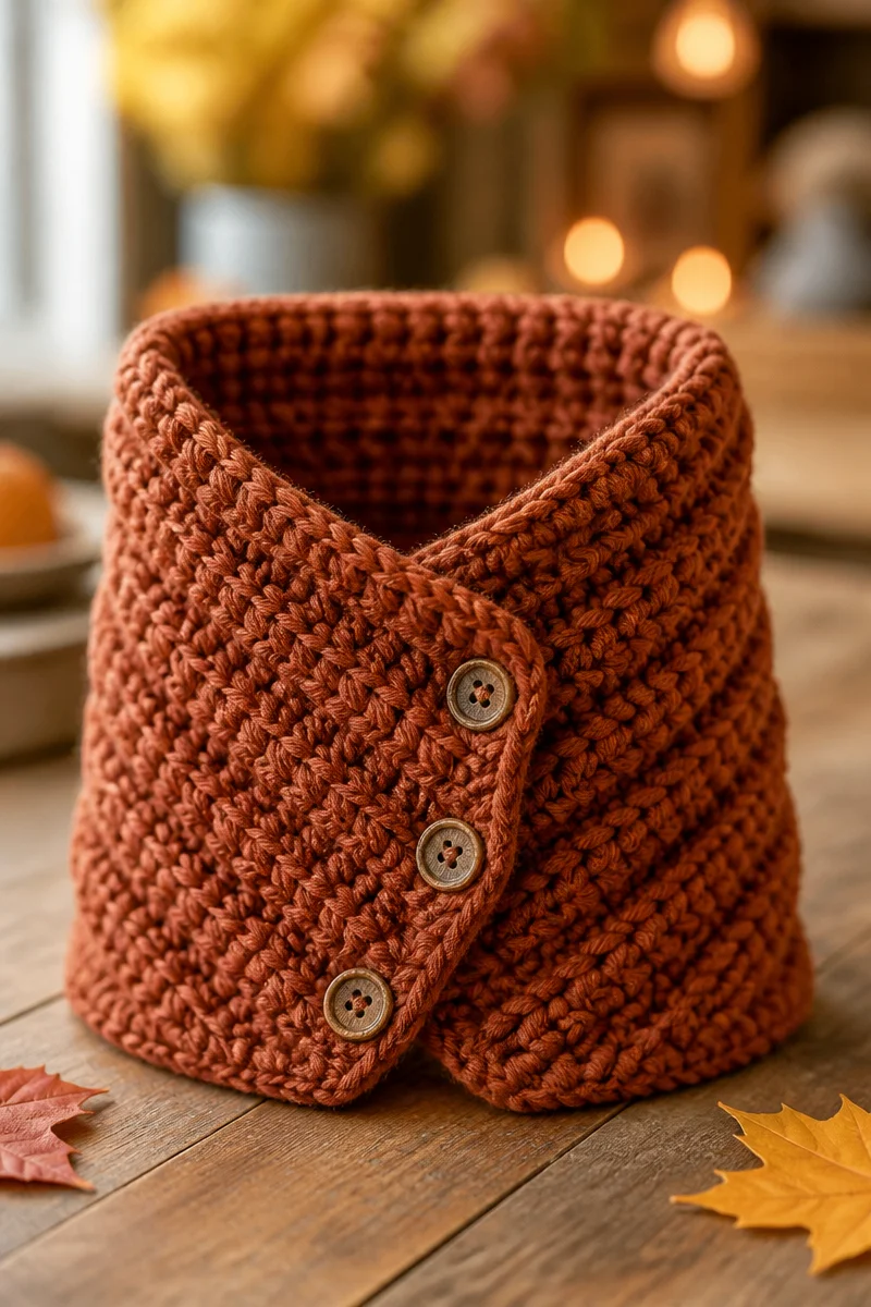 Warm chunky crochet button cowl pattern for cozy fall fashion.