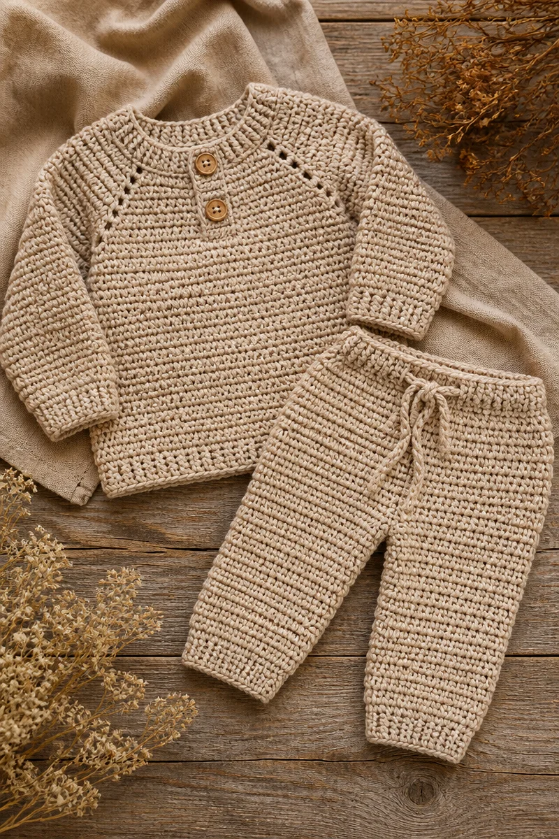 Handmade Autumn crochet baby sweater set for infants