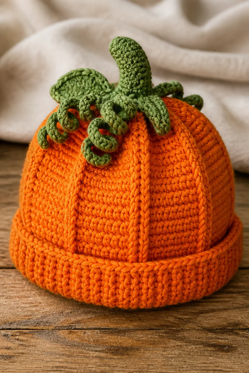 Baby wearing a handmade pumpkin crochet hat for autumn