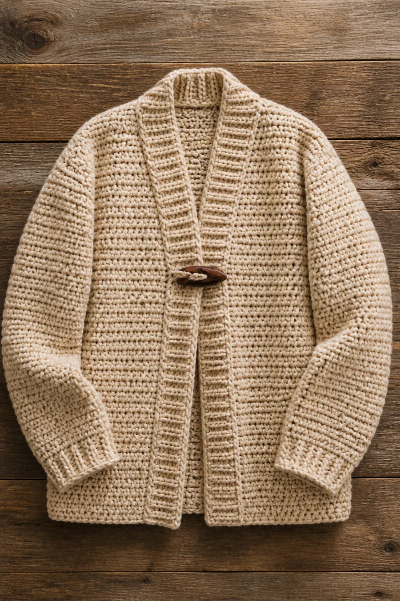 Chunky crochet cardigan styled for a fall outfit