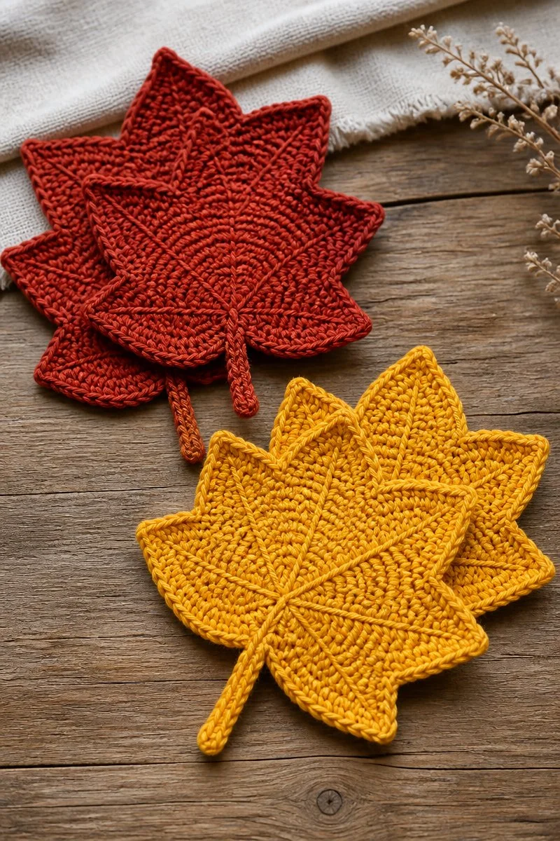 Crochet Autumn Leaf Coaster Set in vibrant fall colors