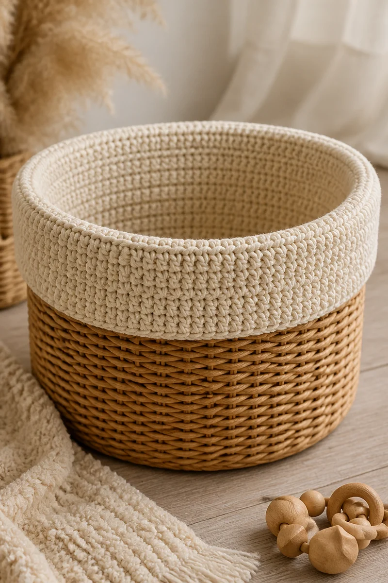 Crochet baby basket liner pattern in soft yarn, perfect for nurseries.