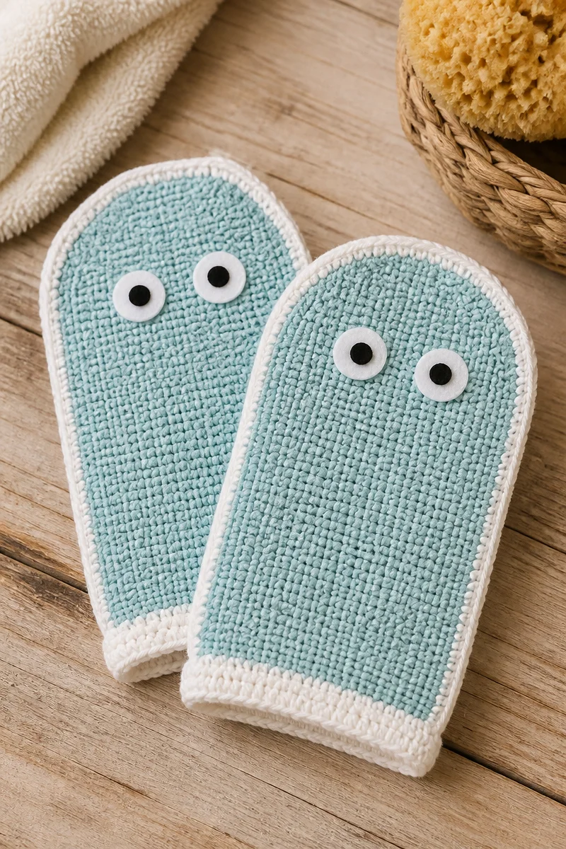 Crochet Baby Bath Mitt Set designed for gentle bath time with soft, cozy material.