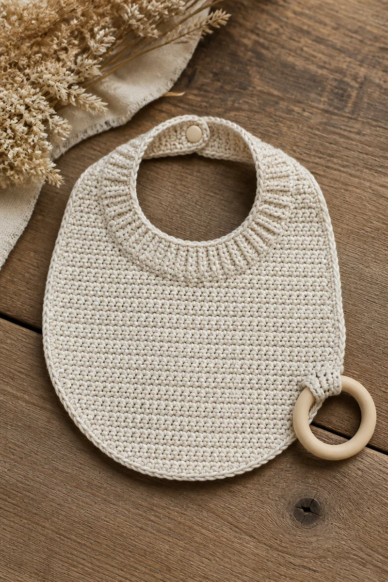 Crochet baby bib teething set designed for style and functionality during feeding.