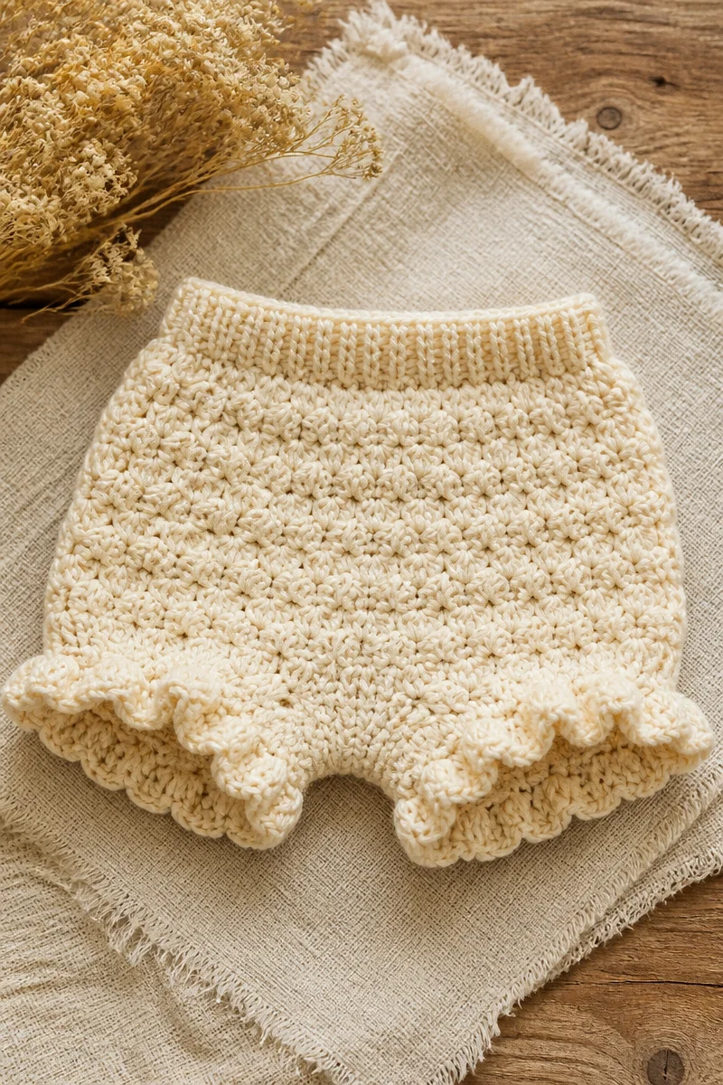 Crochet baby bloomer short pattern for stylish infant clothing.