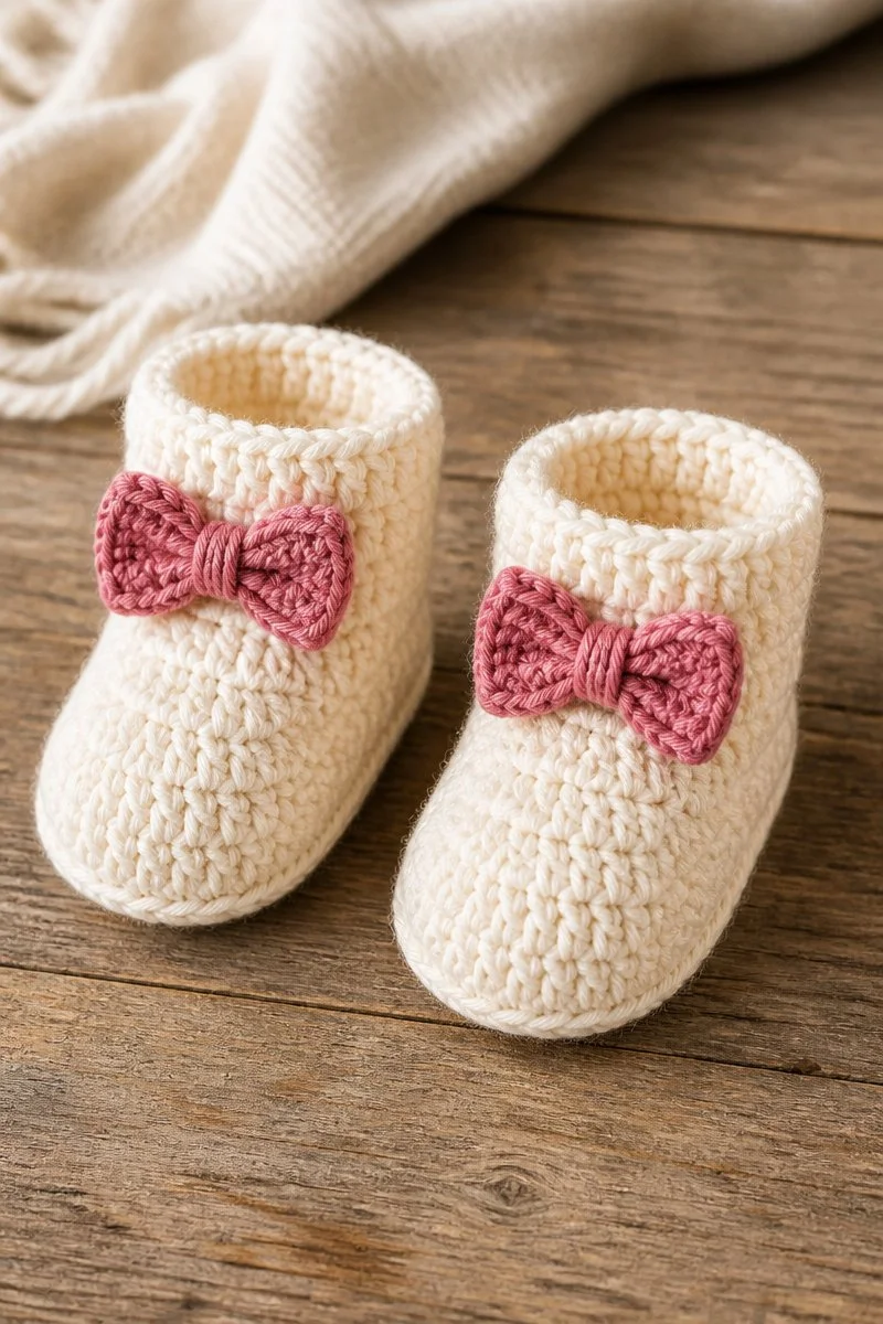 Crochet baby bootie with bow detail for infant footwear