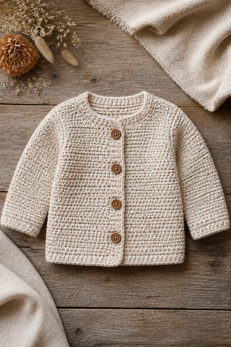 Crochet baby cardigan designed for fall with cozy and stylish details