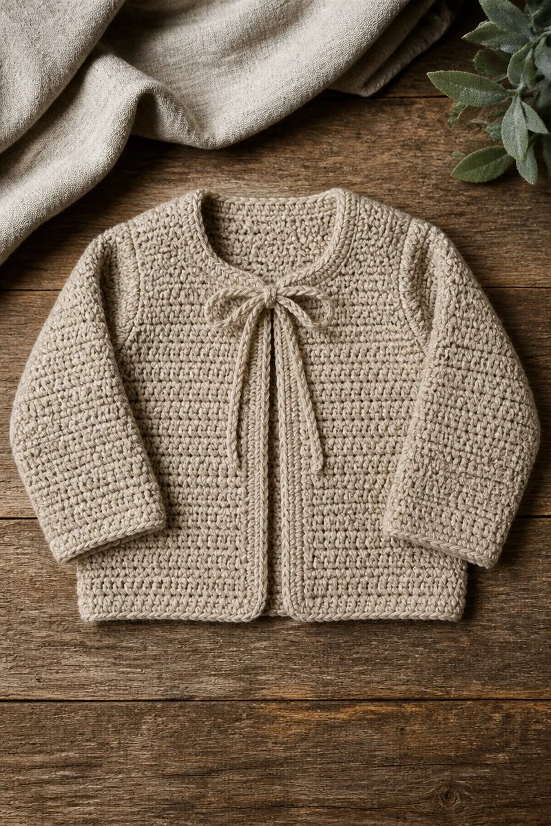 Cozy crochet baby cardigan for fall in soft yarn, ideal for infants