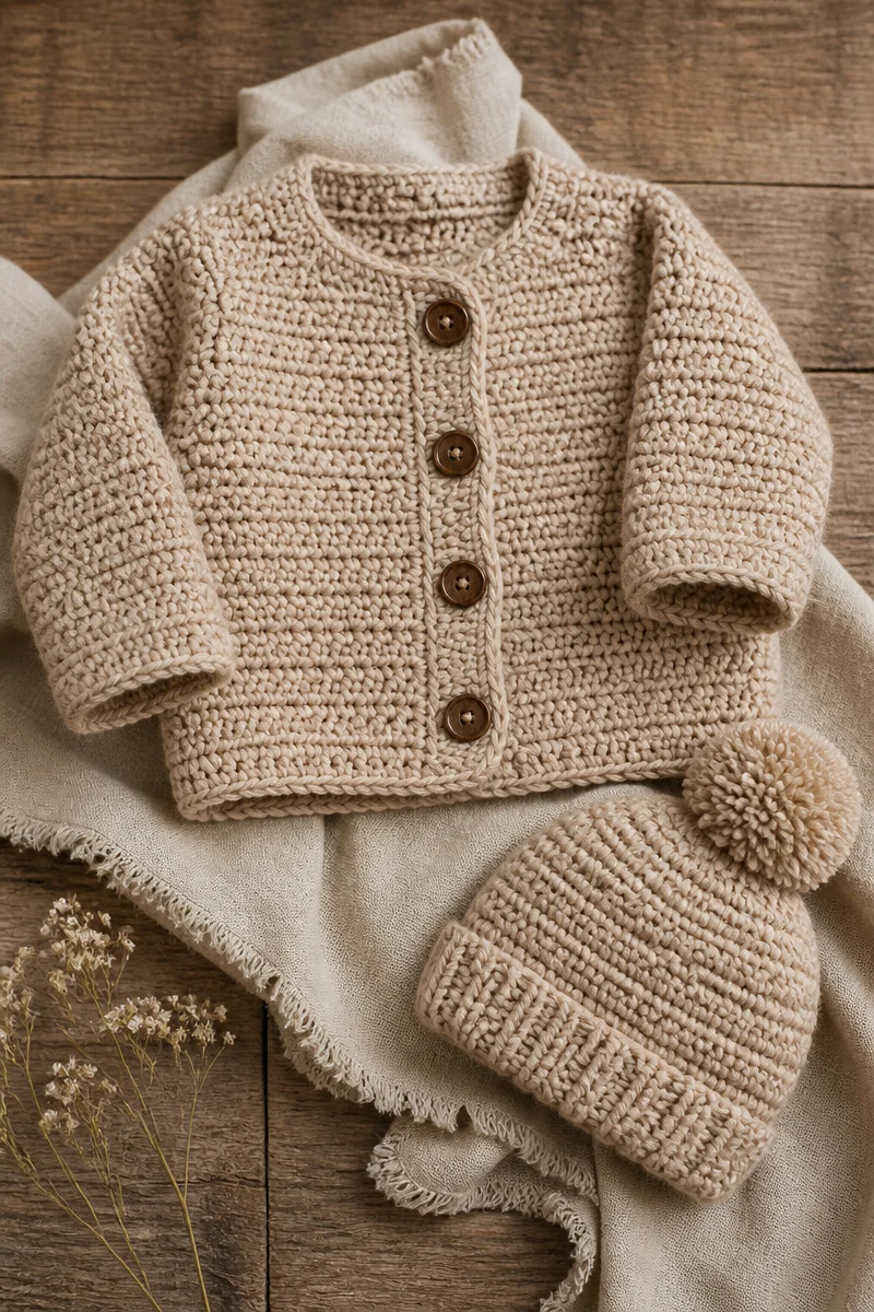 Crochet baby cardigan sweater set in soft pastel colors for infants