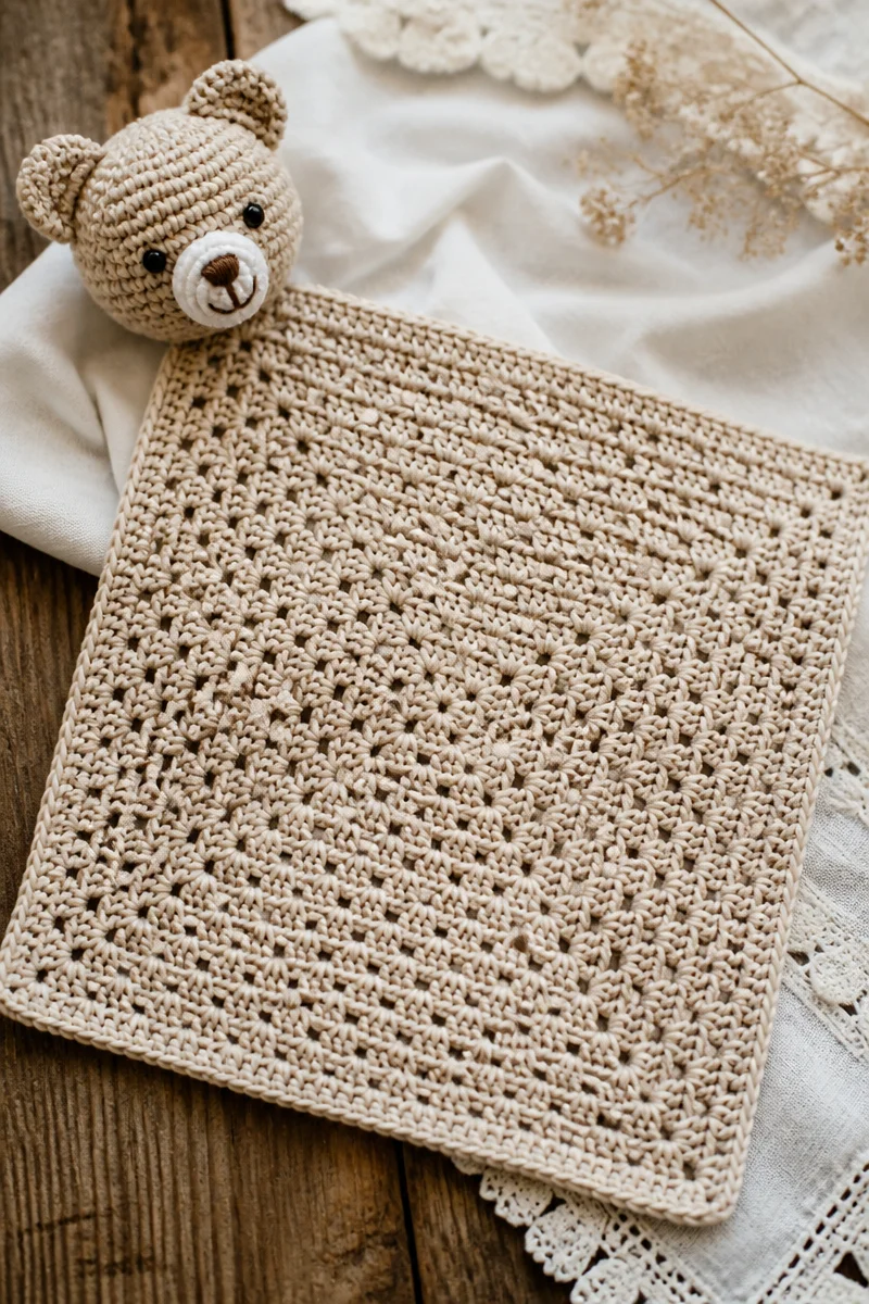 Crochet Baby Comfort Corner Blanket in soft colors, perfect for babies.