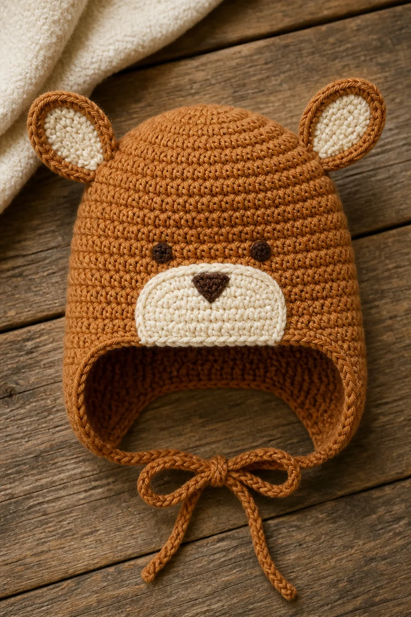 Crochet baby deer ear hood for infants, warm and fashionable for chilly weather.