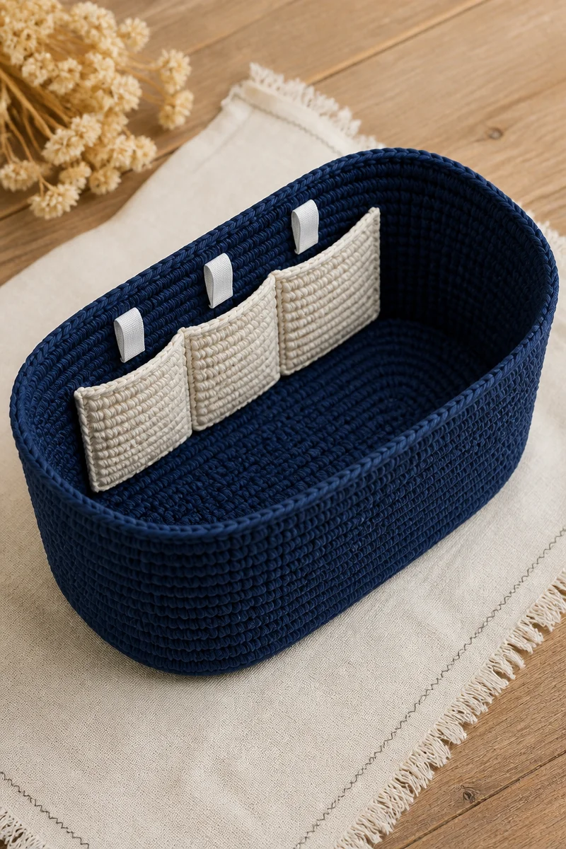 Crochet baby diaper bag organizer with multiple pockets for baby essentials