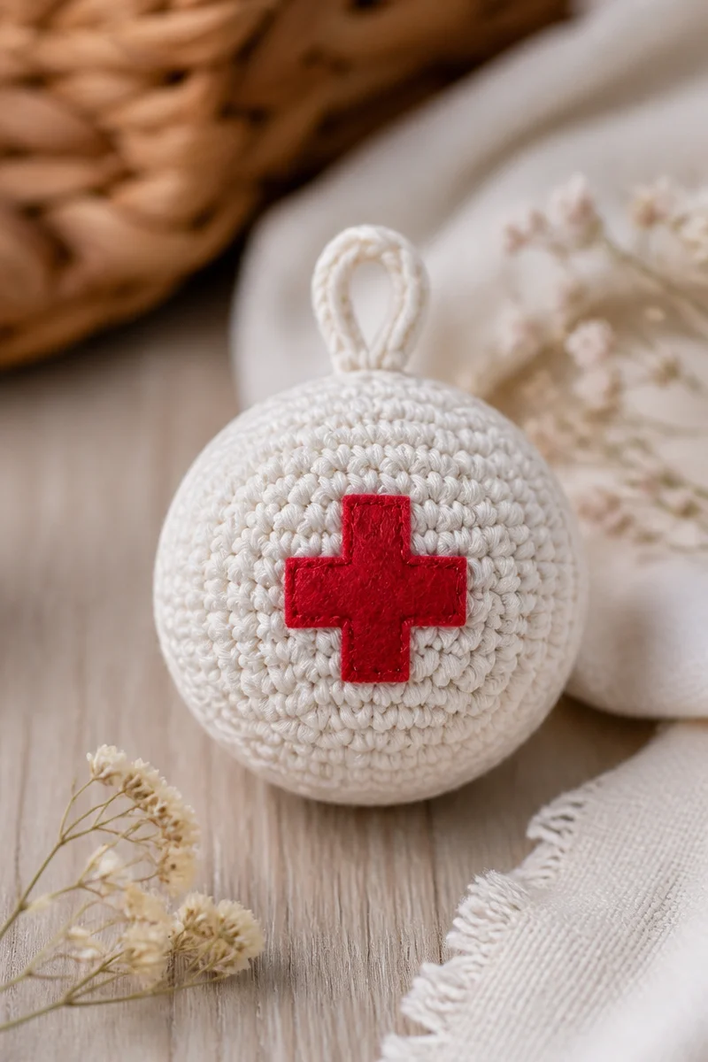 Crochet baby doctor rattle toy designed for safe and engaging play.