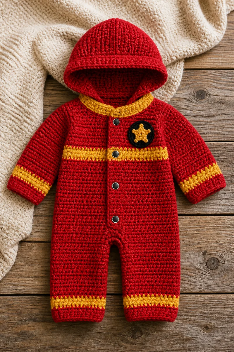 Crochet baby firefighter costume set for infant and toddler dress-up