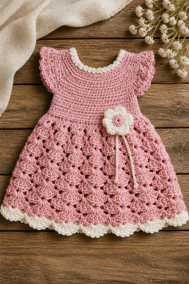 Handmade crochet baby girl dress pattern for infants and toddlers.