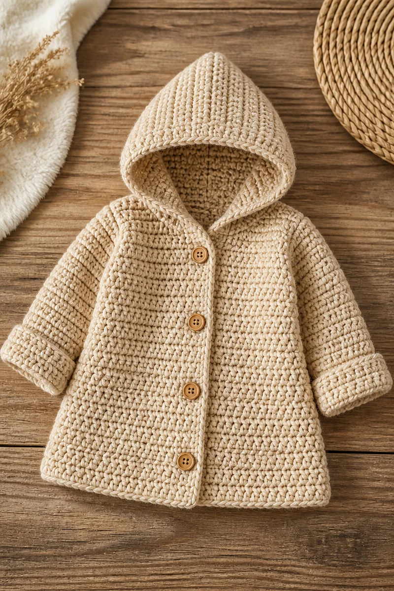 Crochet baby hooded coat pattern for infants and toddlers