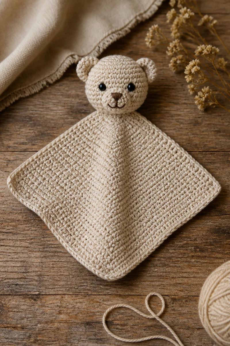 Crochet baby lovey security blanket in soft yarn for comfort and cuddles.
