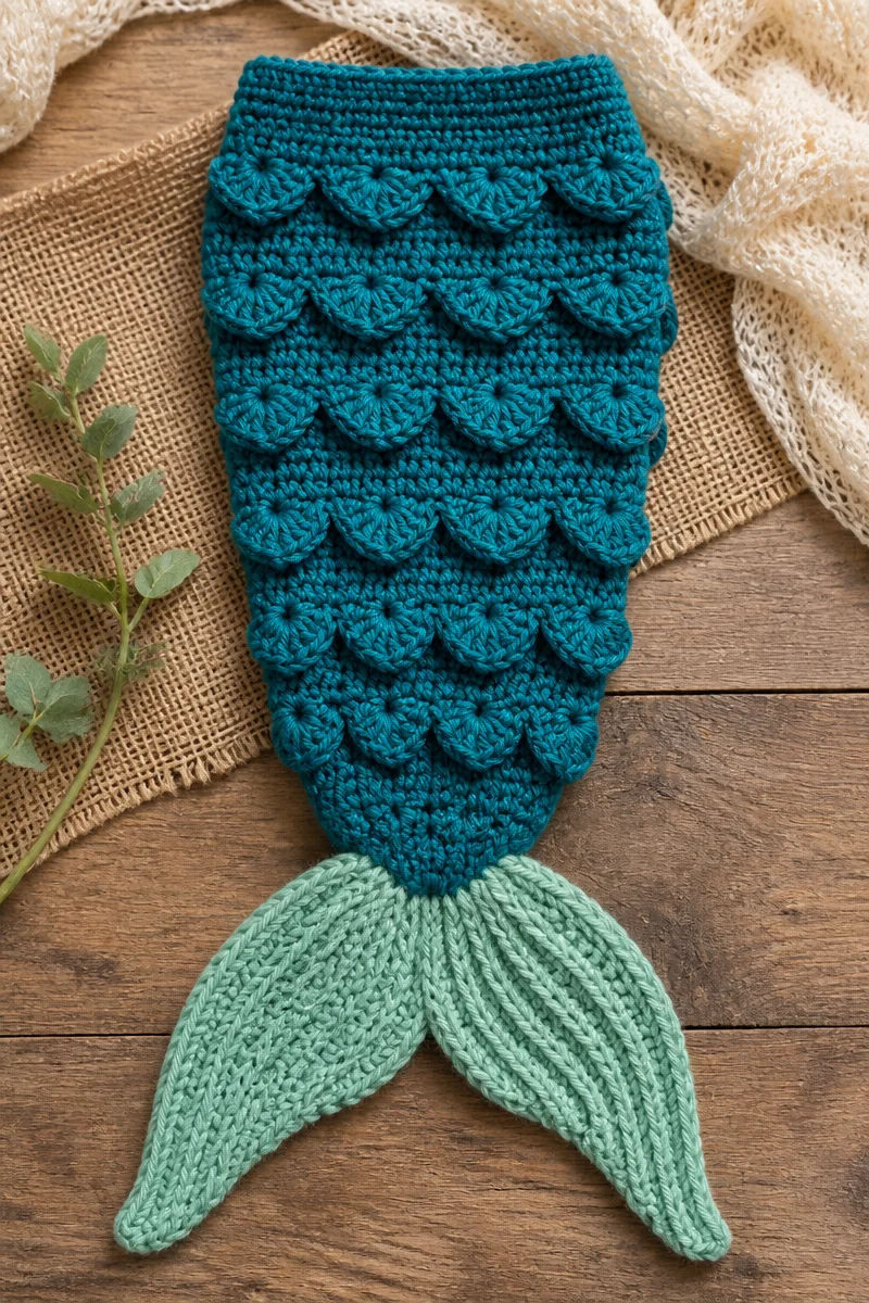 Crochet baby mermaid tail wrap for infants, perfect for cozy playtime.