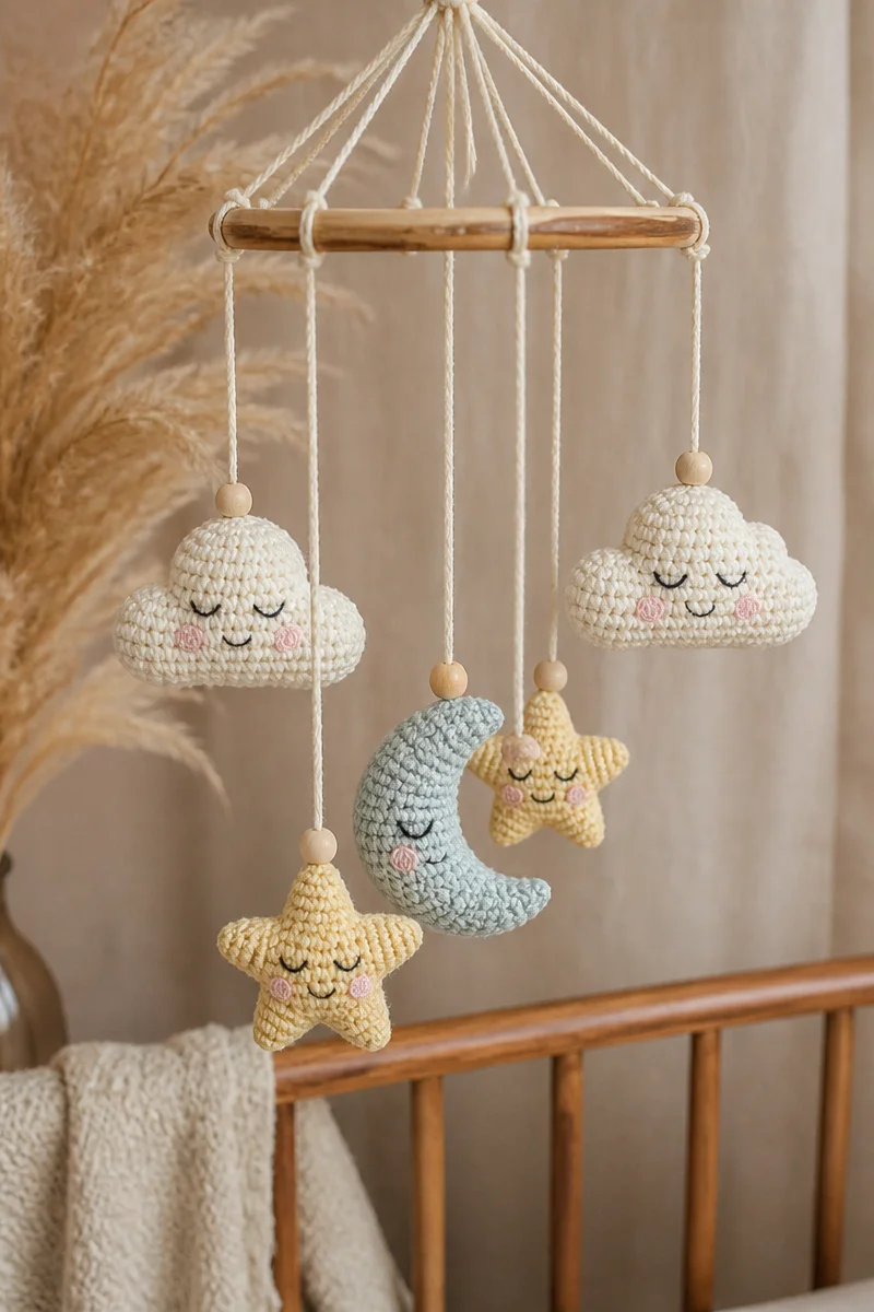 Handcrafted crochet baby nursery mobile decor featuring colorful charms hanging from a hoop.