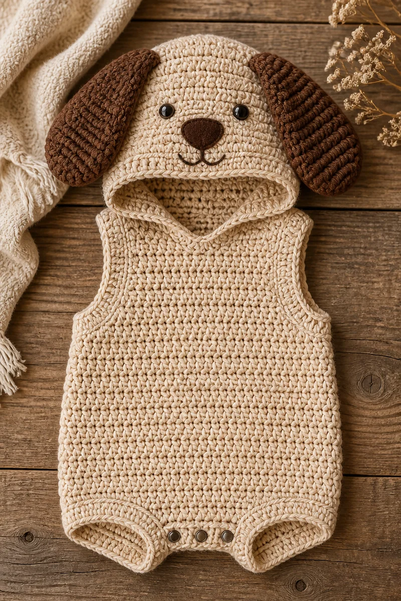 Baby wearing a crochet puppy costume made from a cute crochet pattern