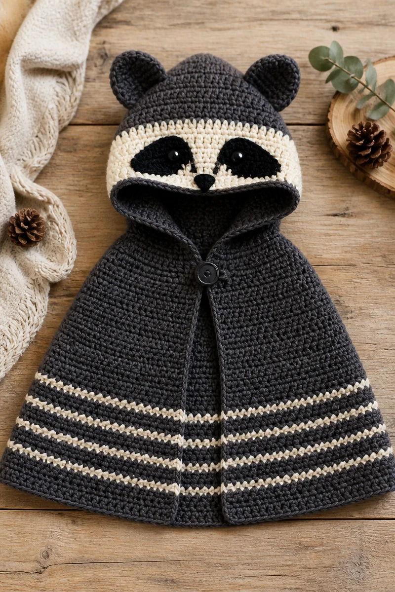 Crochet baby raccoon hooded cape, perfect for cuddle and playtime.