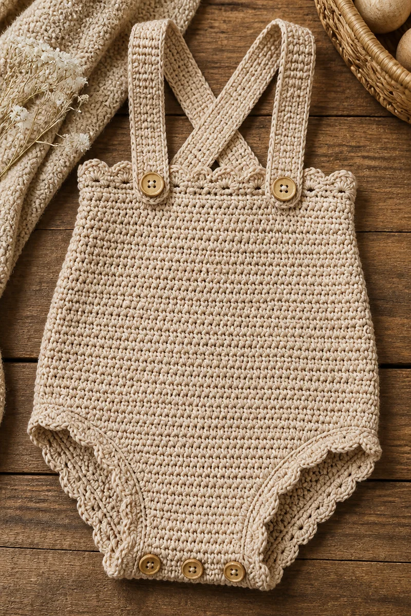 Adorable crochet baby romper with suspenders for infants
