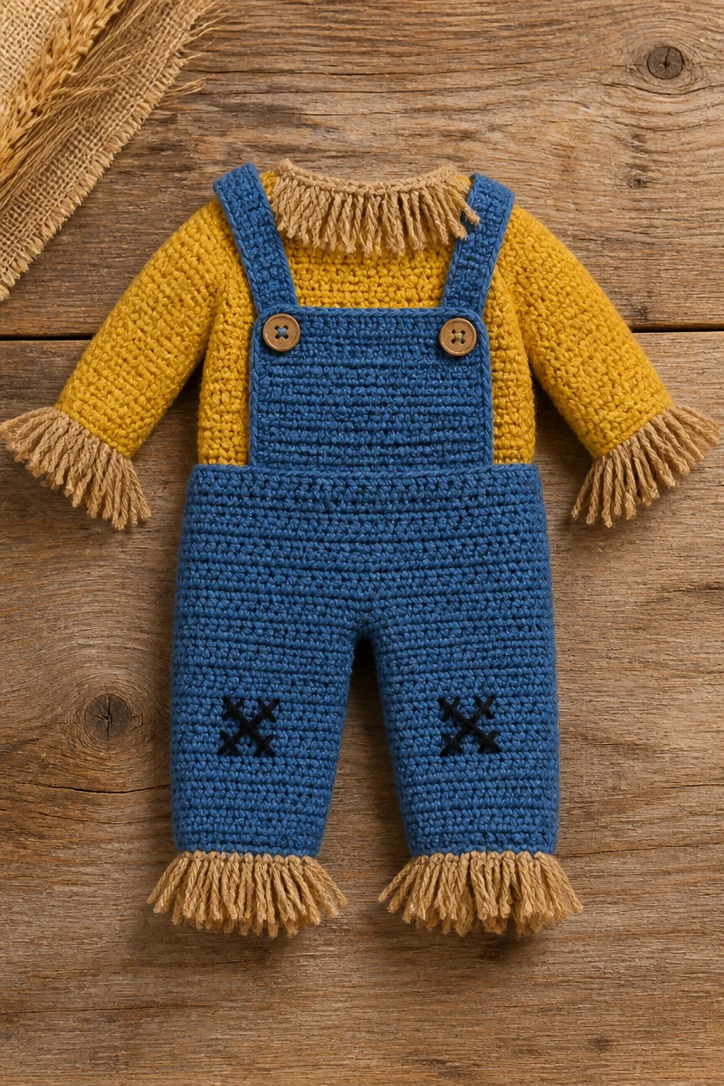 Adorable crochet baby scarecrow costume set for Halloween celebrations