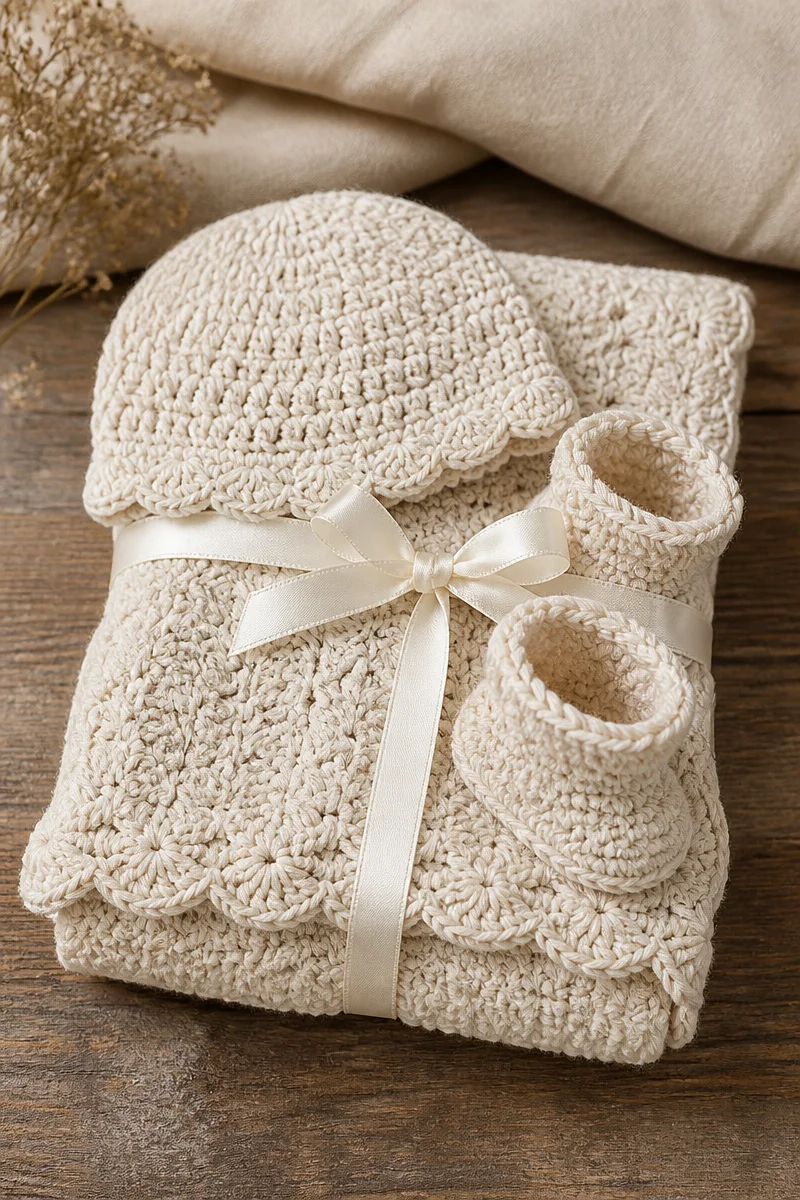 Crochet baby shower gift set with blanket and soft toys