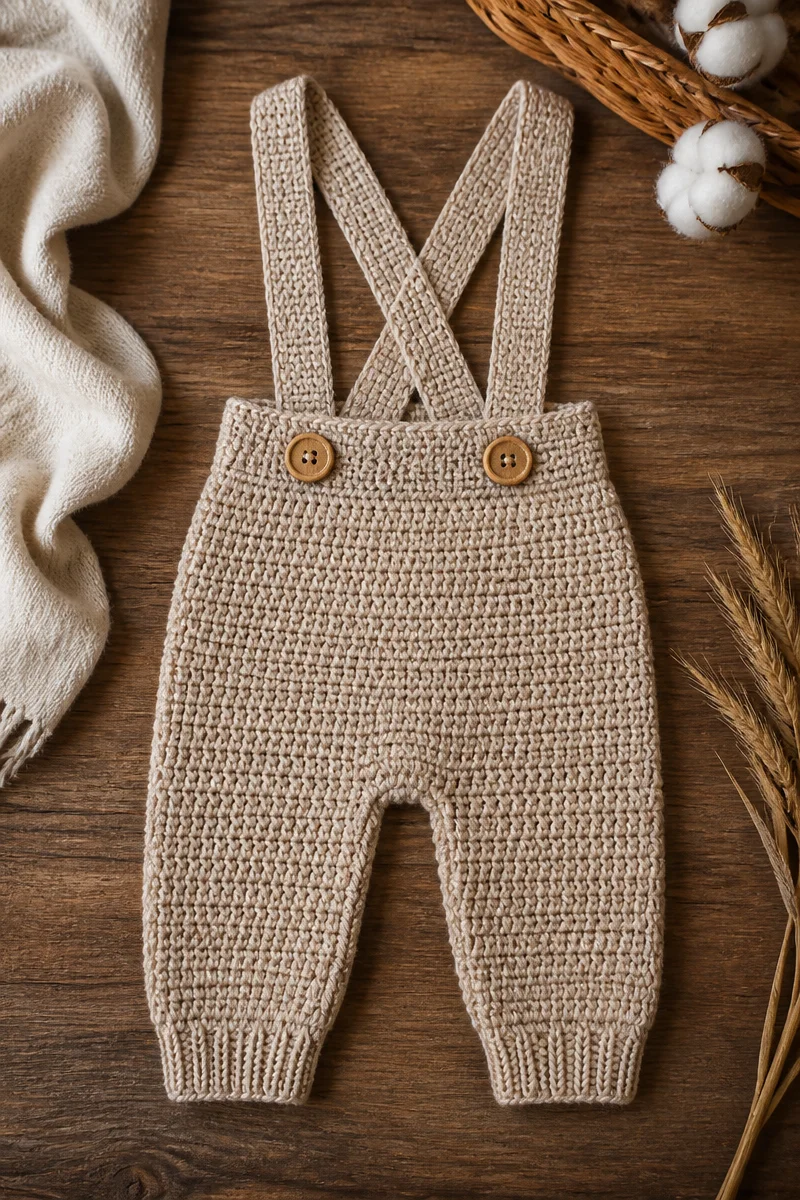 Crochet baby suspender pants pattern for cute and stylish infant outfits.