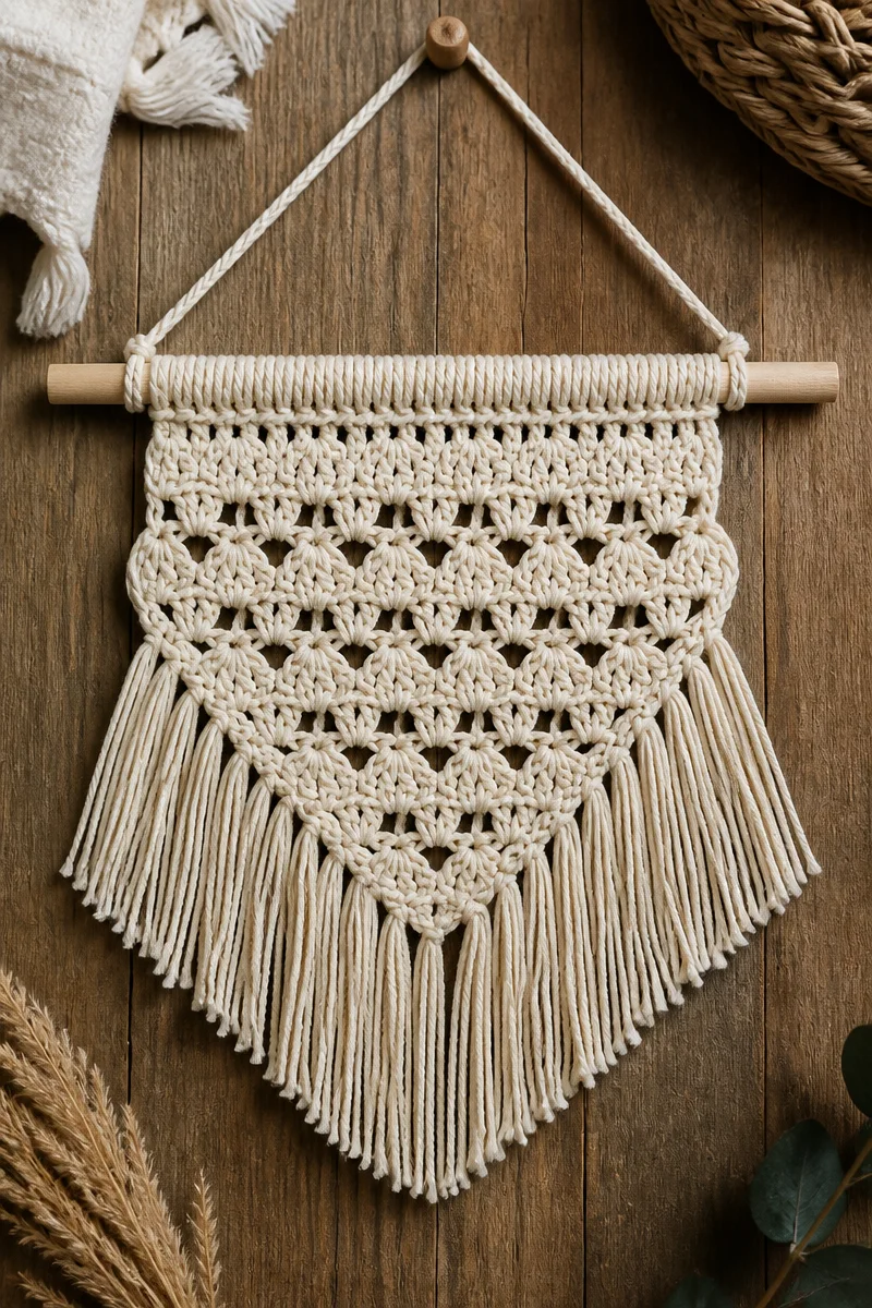Crochet baby wall hanging decor featuring soft, whimsical designs for a nursery.