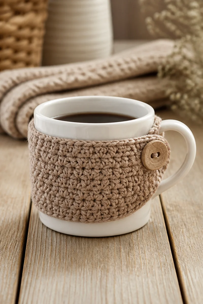 Crochet coffee cup cozy pattern with colorful yarn used for warmth and style