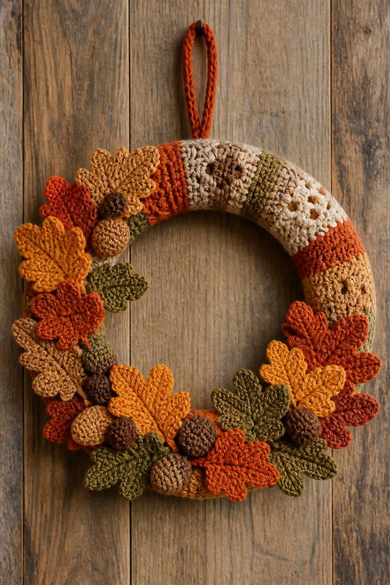 Crochet fall wreath pattern showcasing autumn colors and decorations.